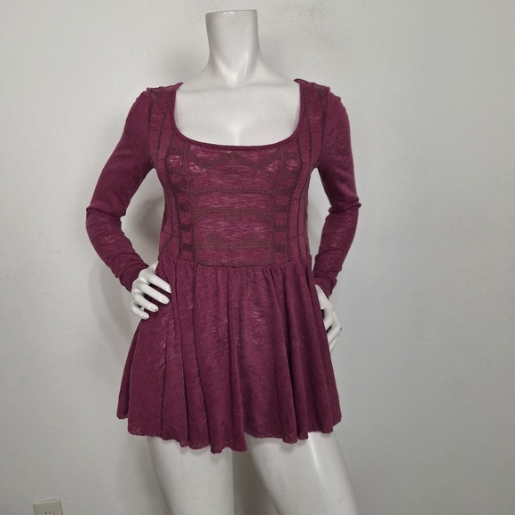 Free People Raspberry Jam Justyna Boho Coquette Long Sleeve Babydoll Top Size S - Picture 2 of 15